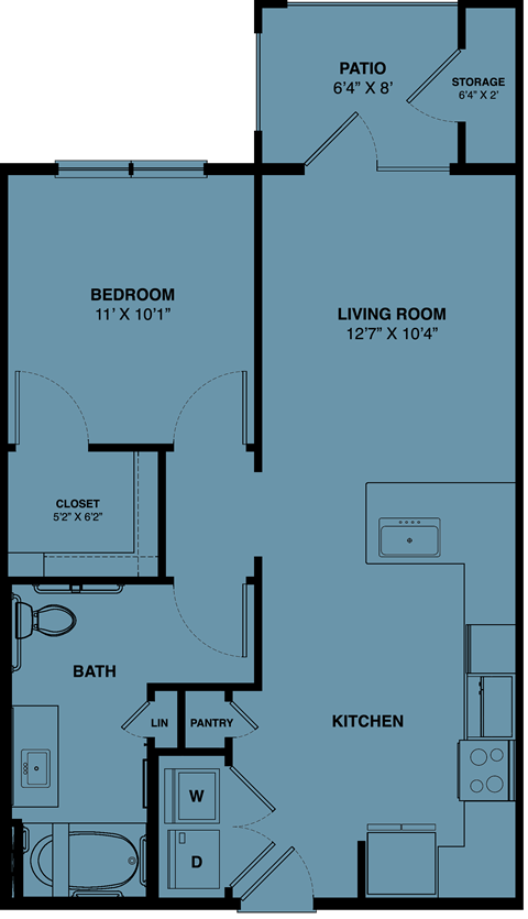Floor plan for 1 bed, 1 bath, 659 sqft